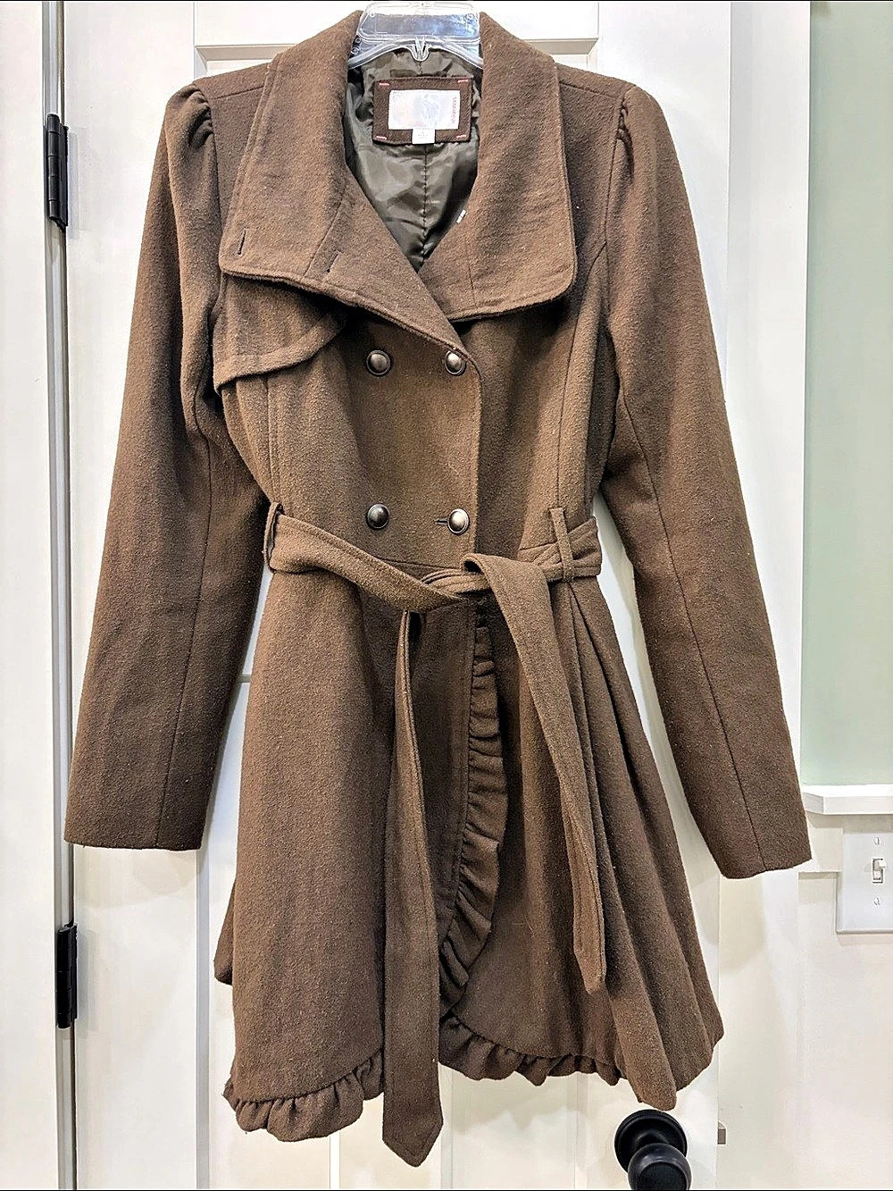 Xhileration Brown Wool Blend Ruffle Hem Coat Size Medium